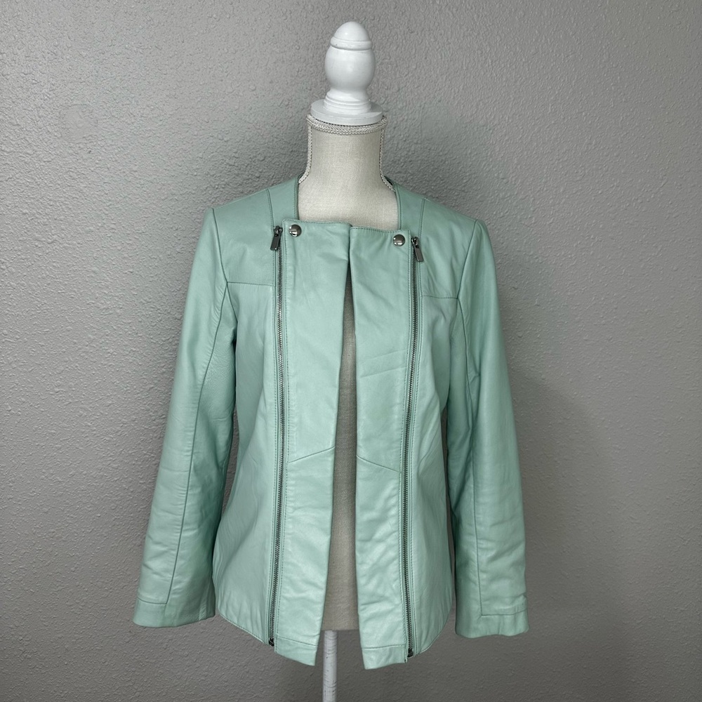 $445 Neiman Marcus Women's Green Leather Zip-Front Moto Coat Jacket Size M